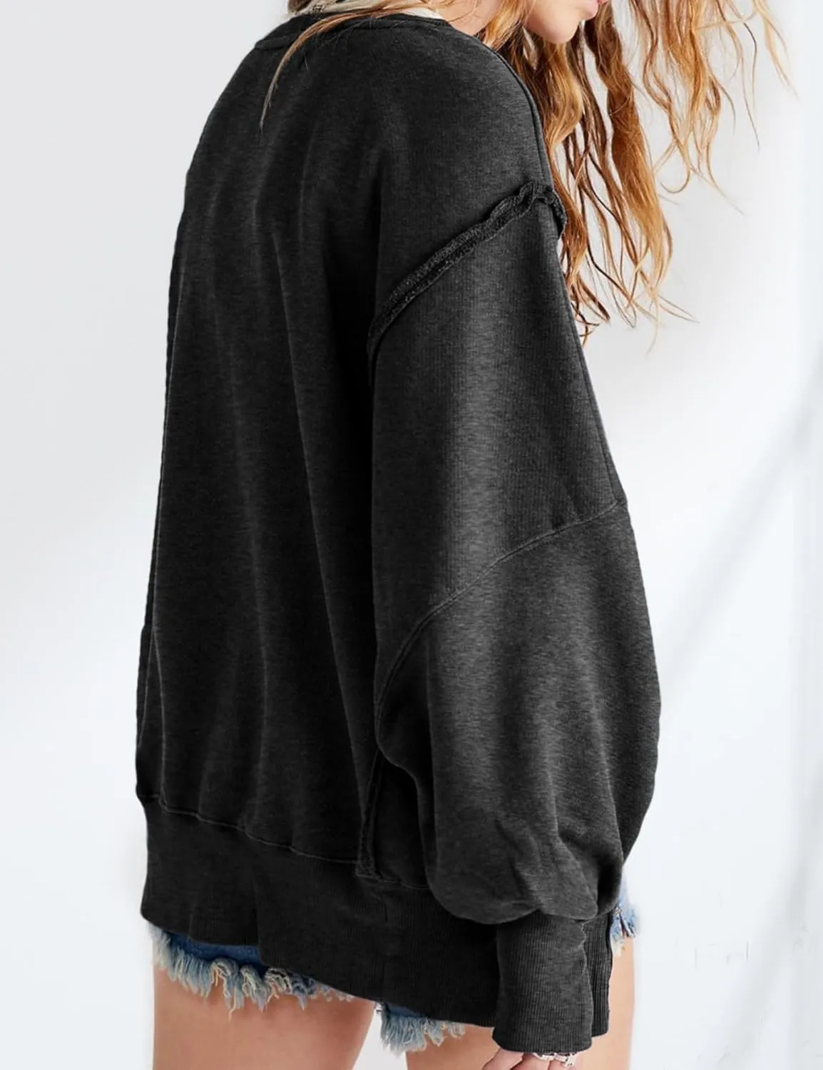 Perbai Womens Oversized Crewneck Sweatshirt Hoodies Reverse Seam Side Slit Long Sleeve Pullover Slouchy Fit Tops