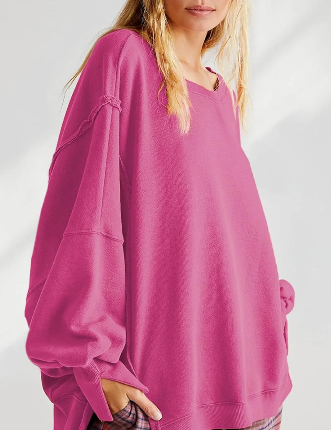 Perbai Womens Oversized Crewneck Sweatshirt Hoodies Reverse Seam Side Slit Long Sleeve Pullover Slouchy Fit Tops