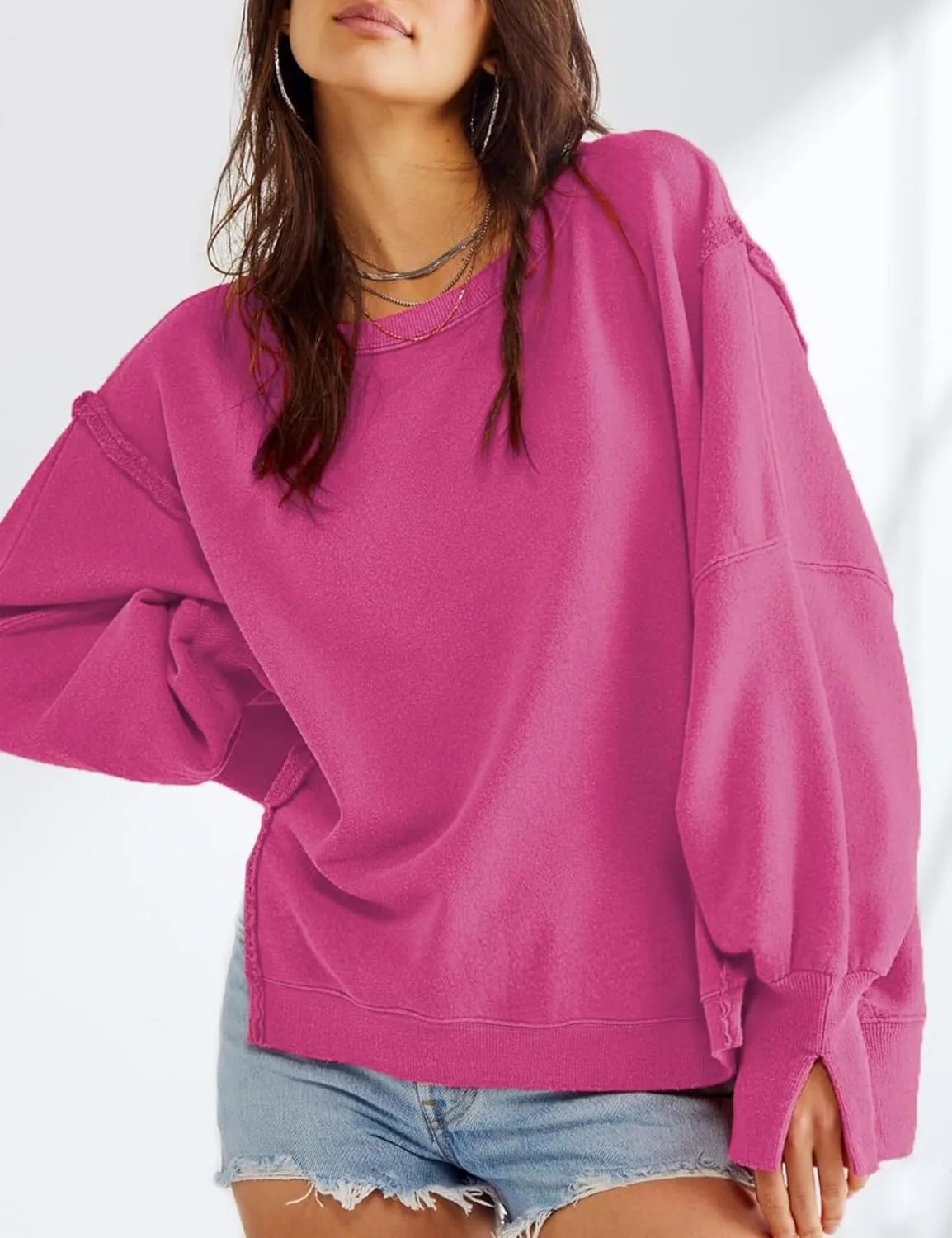 Perbai Womens Oversized Crewneck Sweatshirt Hoodies Reverse Seam Side Slit Long Sleeve Pullover Slouchy Fit Tops