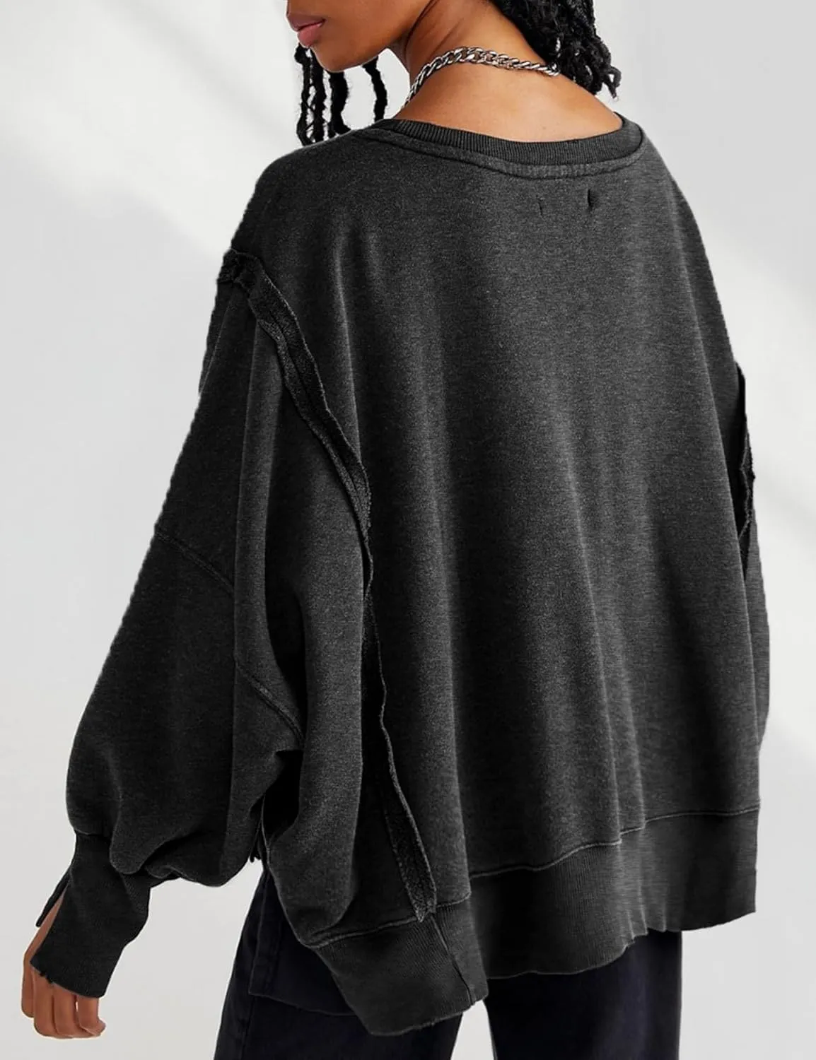Perbai Womens Oversized Crewneck Sweatshirt Hoodies Reverse Seam Side Slit Long Sleeve Pullover Slouchy Fit Tops