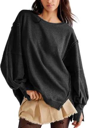 Perbai Womens Oversized Crewneck Sweatshirt Hoodies Reverse Seam Side Slit Long Sleeve Pullover Slouchy Fit Tops