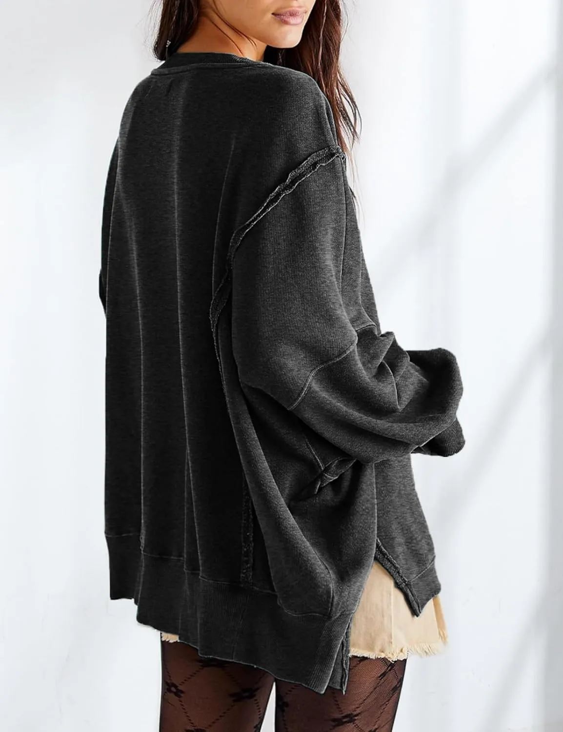 Perbai Womens Oversized Crewneck Sweatshirt Hoodies Reverse Seam Side Slit Long Sleeve Pullover Slouchy Fit Tops