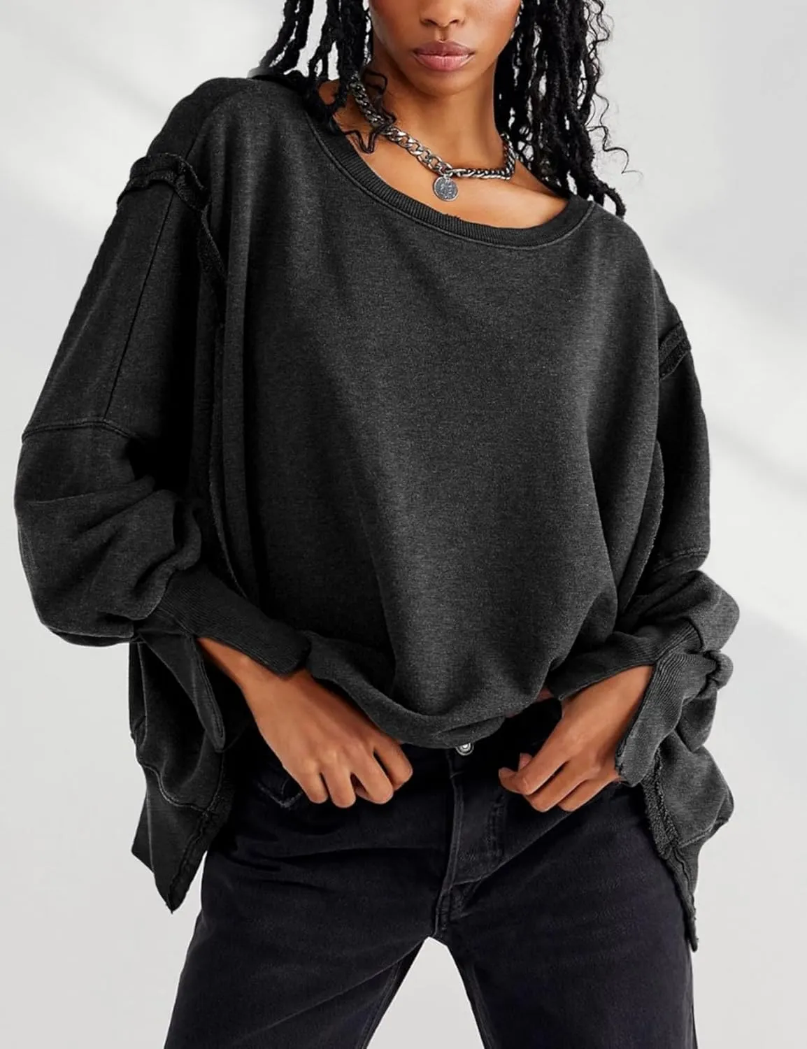 Perbai Womens Oversized Crewneck Sweatshirt Hoodies Reverse Seam Side Slit Long Sleeve Pullover Slouchy Fit Tops