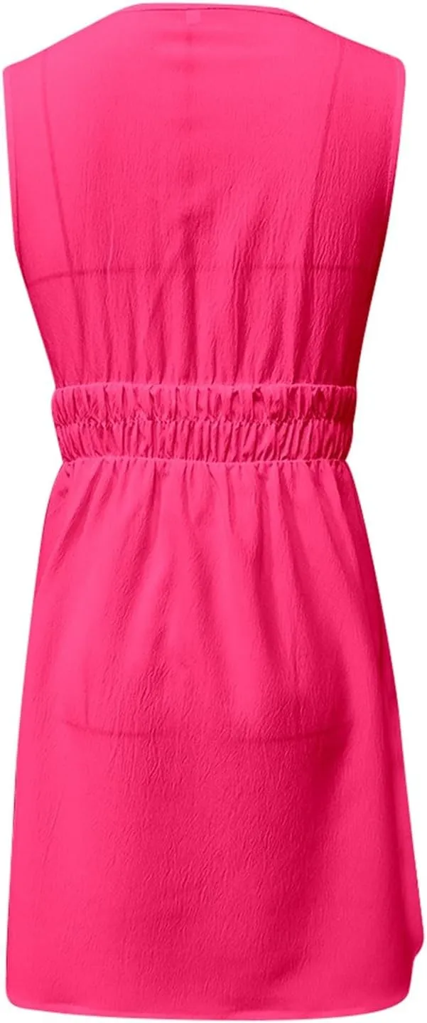 PTOLOCIF Spring/Summer New Comfortable Casual V Neck Sleeveless Waist Age Reducing Dress Dress for Women Petite Size