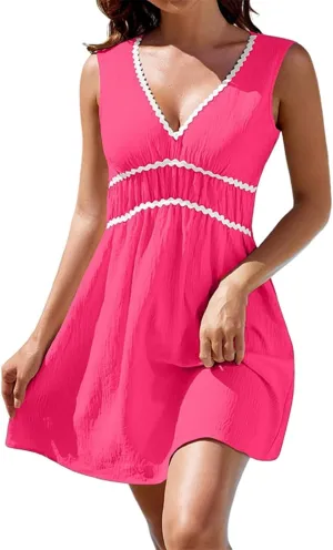 PTOLOCIF Spring/Summer New Comfortable Casual V Neck Sleeveless Waist Age Reducing Dress Dress for Women Petite Size