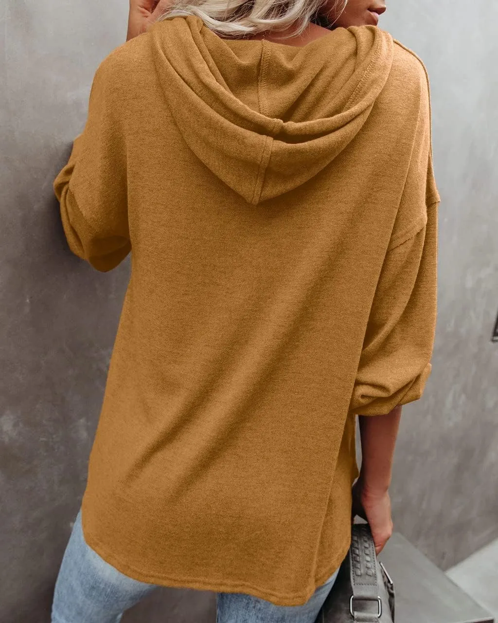 REVETRO Womens V Neck Long Sleeve Henley Shirts Button Down Sweatshirts Hoodies Tunic Tops with Drawstring