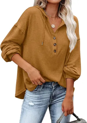 REVETRO Womens V Neck Long Sleeve Henley Shirts Button Down Sweatshirts Hoodies Tunic Tops with Drawstring
