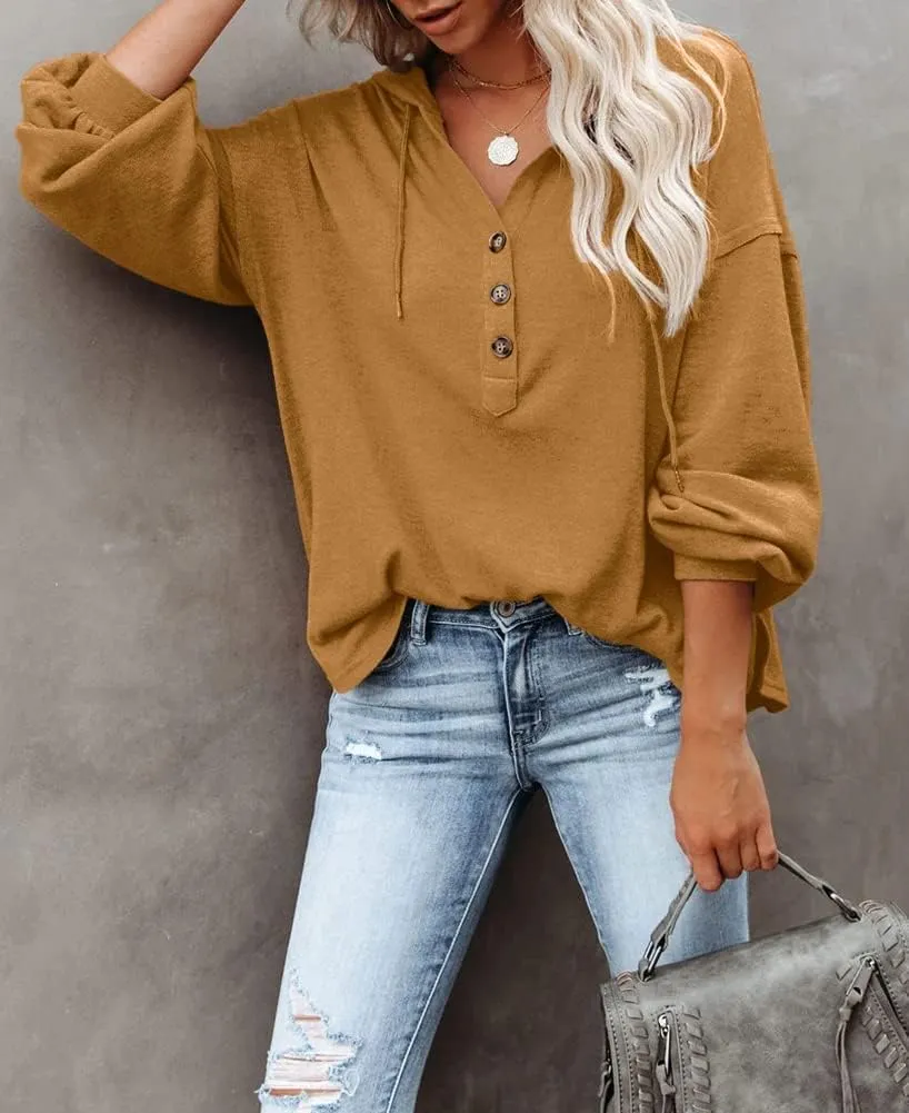 REVETRO Womens V Neck Long Sleeve Henley Shirts Button Down Sweatshirts Hoodies Tunic Tops with Drawstring