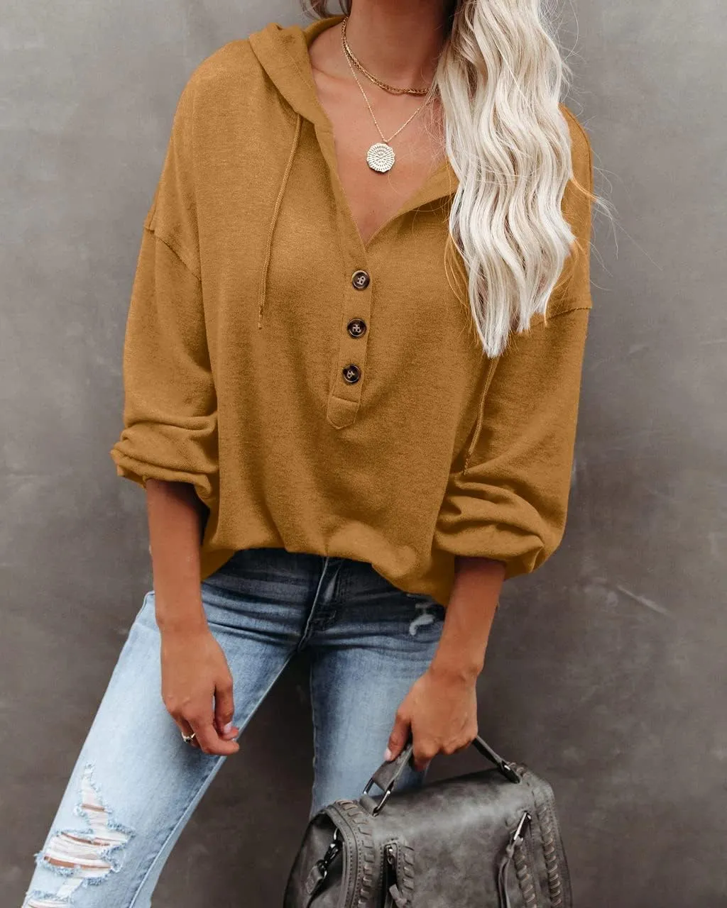 REVETRO Womens V Neck Long Sleeve Henley Shirts Button Down Sweatshirts Hoodies Tunic Tops with Drawstring