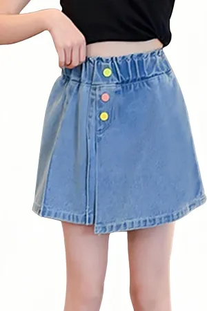SEAUR Girls Ripped Raw Hem Denim Shorts Elastic Waist Straight Leg Jean Shorts Casual Summer Skort