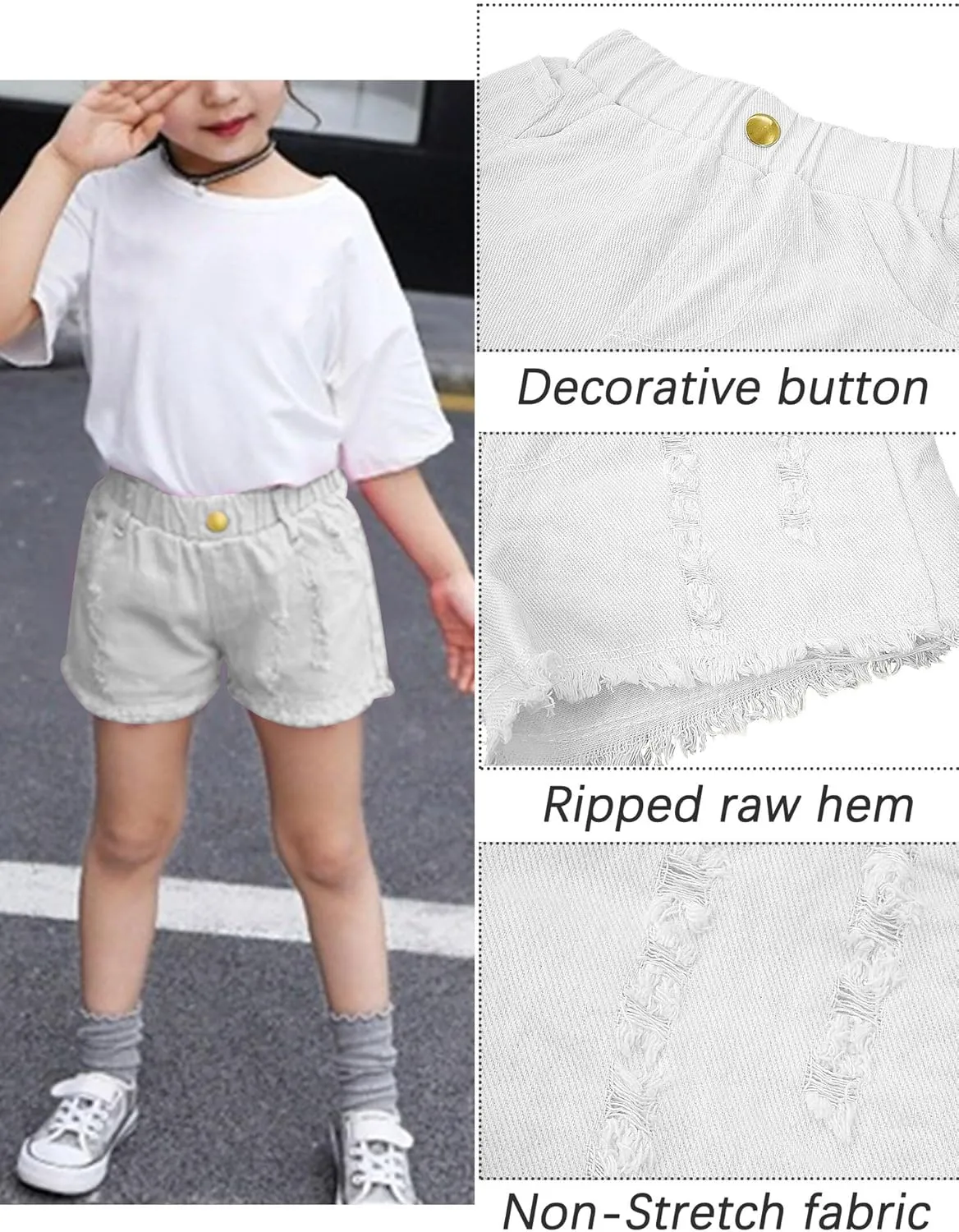 SEAUR Girls Ripped Raw Hem Denim Shorts Elastic Waist Straight Leg Jean Shorts Casual Summer Skort