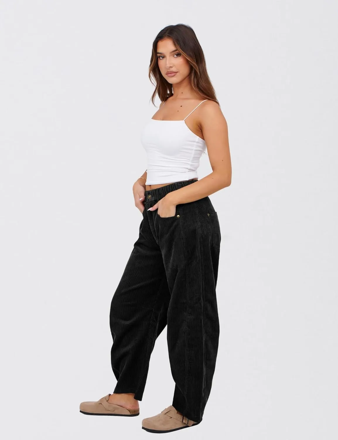 SeekMe Women's Corduroy Pants Barrel Mid-Rise Elastic Waist Cord Pants Casual Wide Leg Baggy Trouser with Pockets
