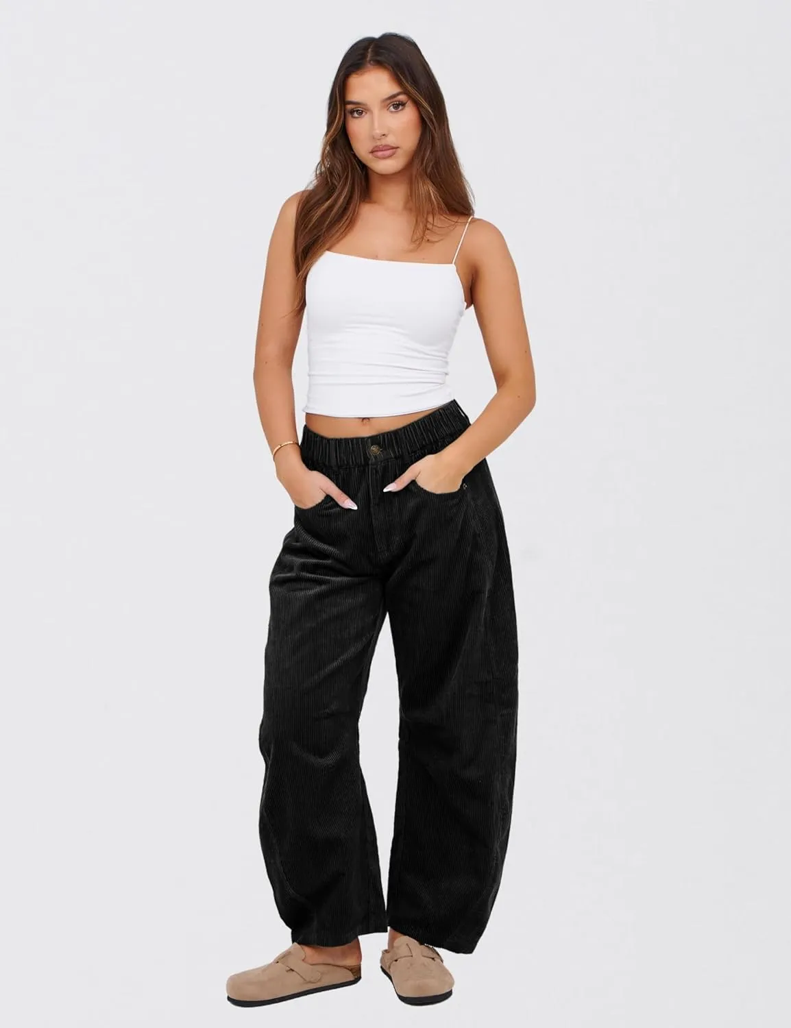 SeekMe Women's Corduroy Pants Barrel Mid-Rise Elastic Waist Cord Pants Casual Wide Leg Baggy Trouser with Pockets