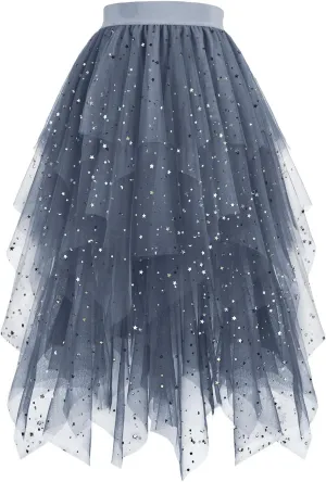 Sequin Skirts for Women Tulle Maxi Skirt Sparkly Tutu Skirt A Line Layered Midi Skirt Elegant Evening Party Skirt