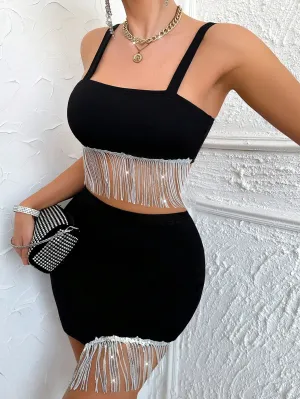 SHEIN Allurite Women's Fringe Hem Cami Top And Bodycon Skirt Set