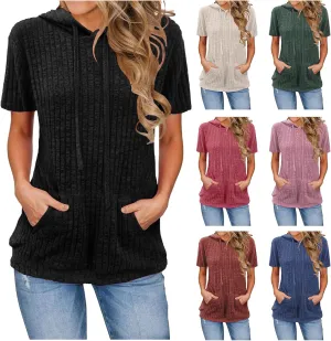 Short Sleeve Hoodies for Women Pullover Oversized Sweatshirts Trendy Casual Shirts Tunic Tops with Kangaroo Pocket