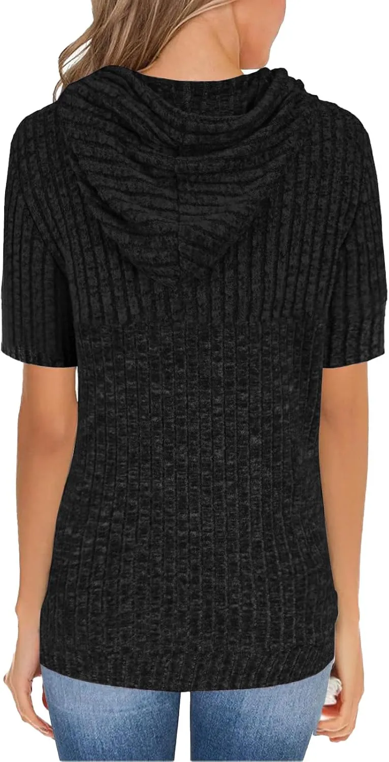 Short Sleeve Hoodies for Women Pullover Oversized Sweatshirts Trendy Casual Shirts Tunic Tops with Kangaroo Pocket