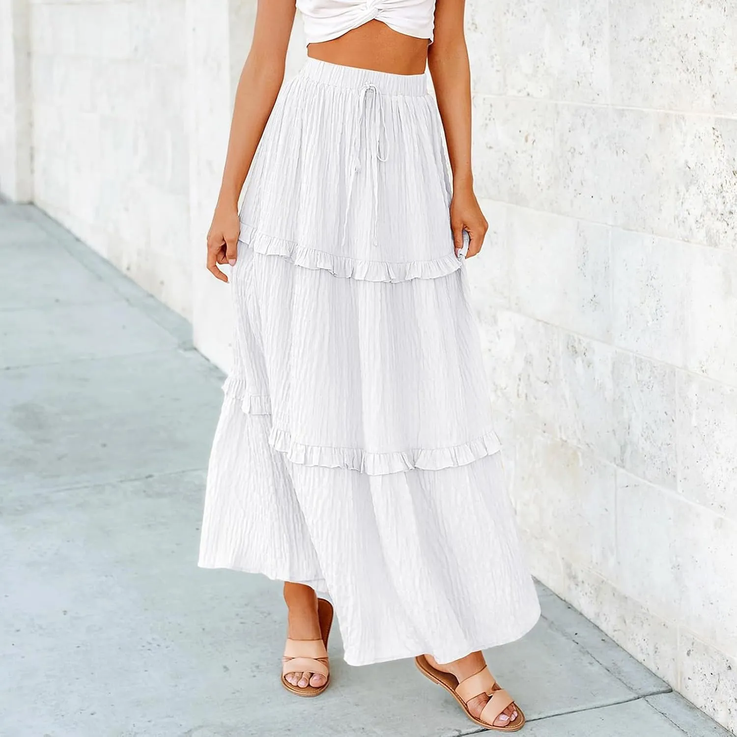 Skirts for Women Casual High Waist Drawstring Elastic Trendy Pleated A-Line Flared Loose Solid Long Skirts for Vacation