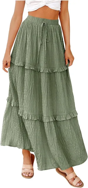 Skirts for Women Casual High Waist Drawstring Elastic Trendy Pleated A-Line Flared Loose Solid Long Skirts for Vacation