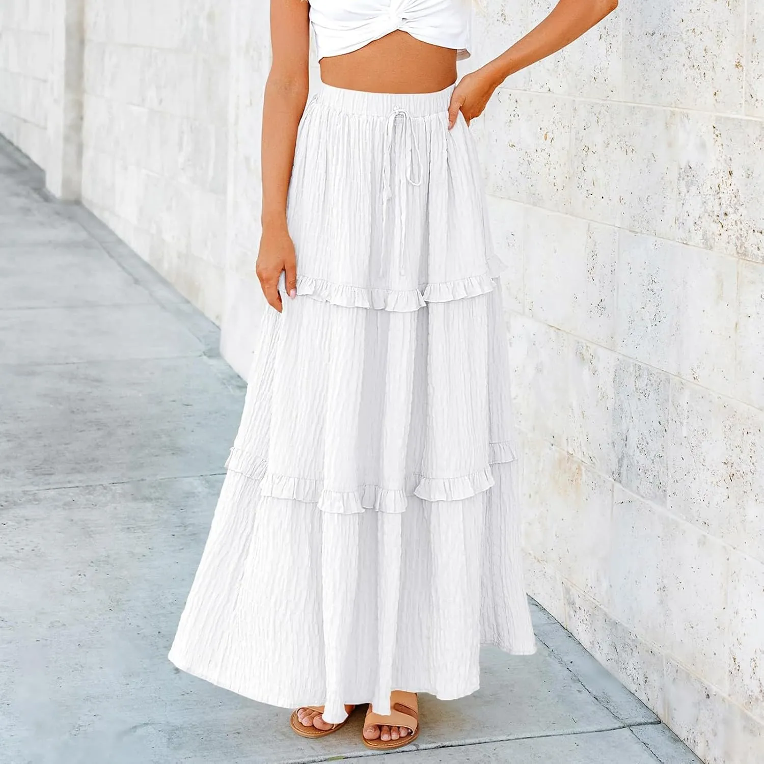Skirts for Women Casual High Waist Drawstring Elastic Trendy Pleated A-Line Flared Loose Solid Long Skirts for Vacation