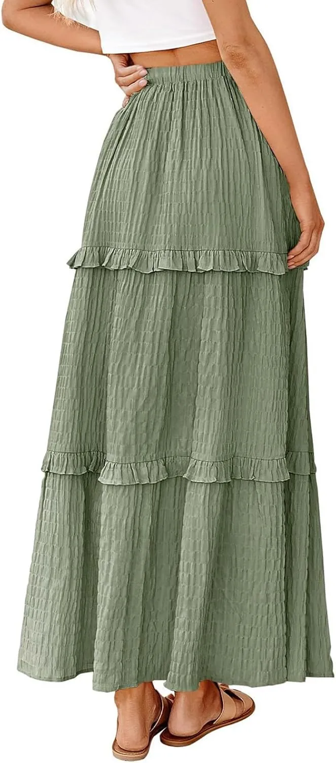 Skirts for Women Casual High Waist Drawstring Elastic Trendy Pleated A-Line Flared Loose Solid Long Skirts for Vacation