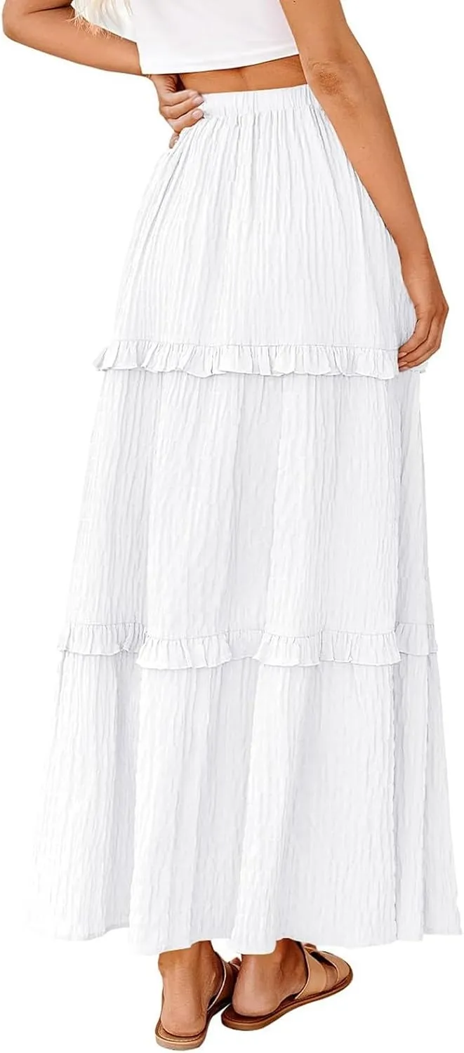 Skirts for Women Casual High Waist Drawstring Elastic Trendy Pleated A-Line Flared Loose Solid Long Skirts for Vacation