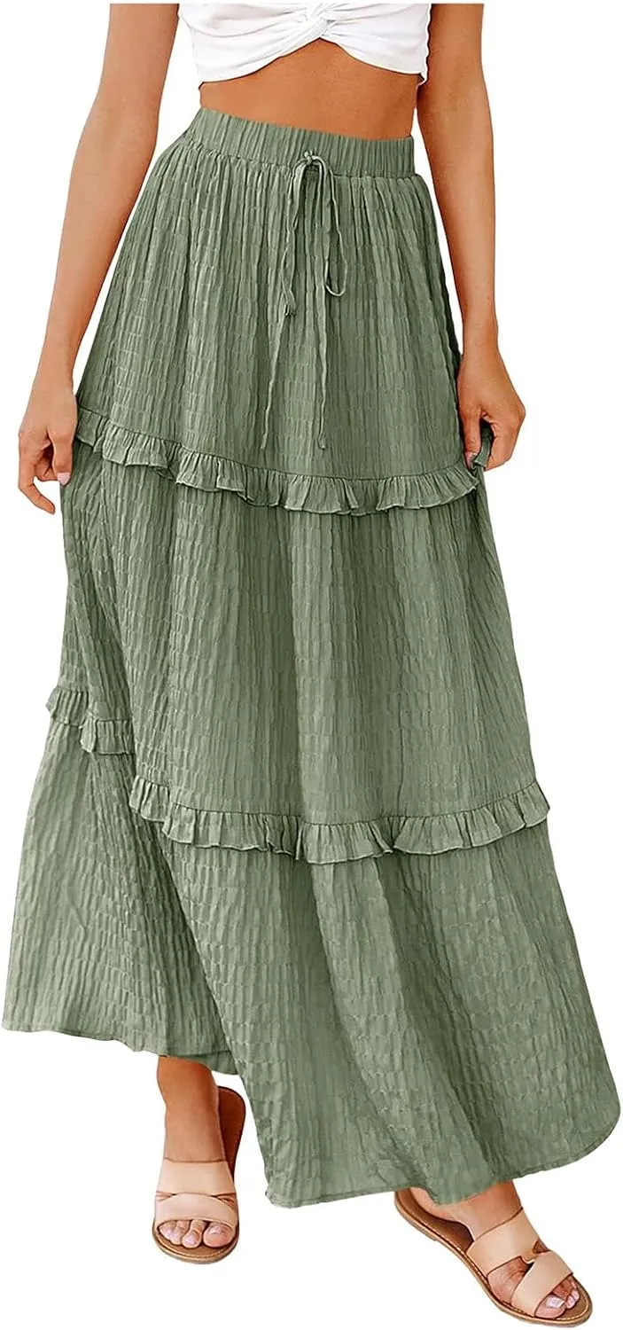 Skirts for Women Casual High Waist Drawstring Elastic Trendy Pleated A-Line Flared Loose Solid Long Skirts for Vacation