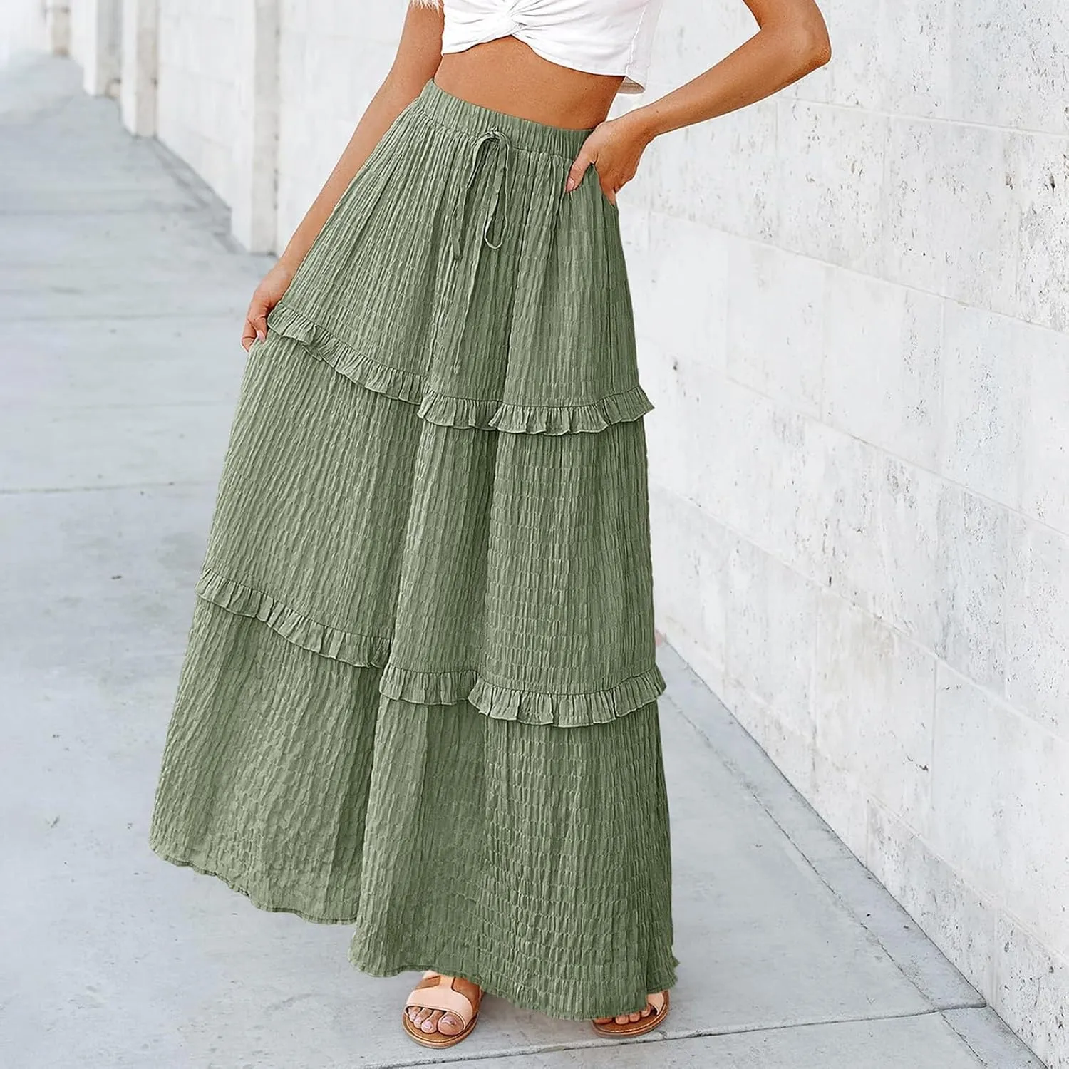 Skirts for Women Casual High Waist Drawstring Elastic Trendy Pleated A-Line Flared Loose Solid Long Skirts for Vacation
