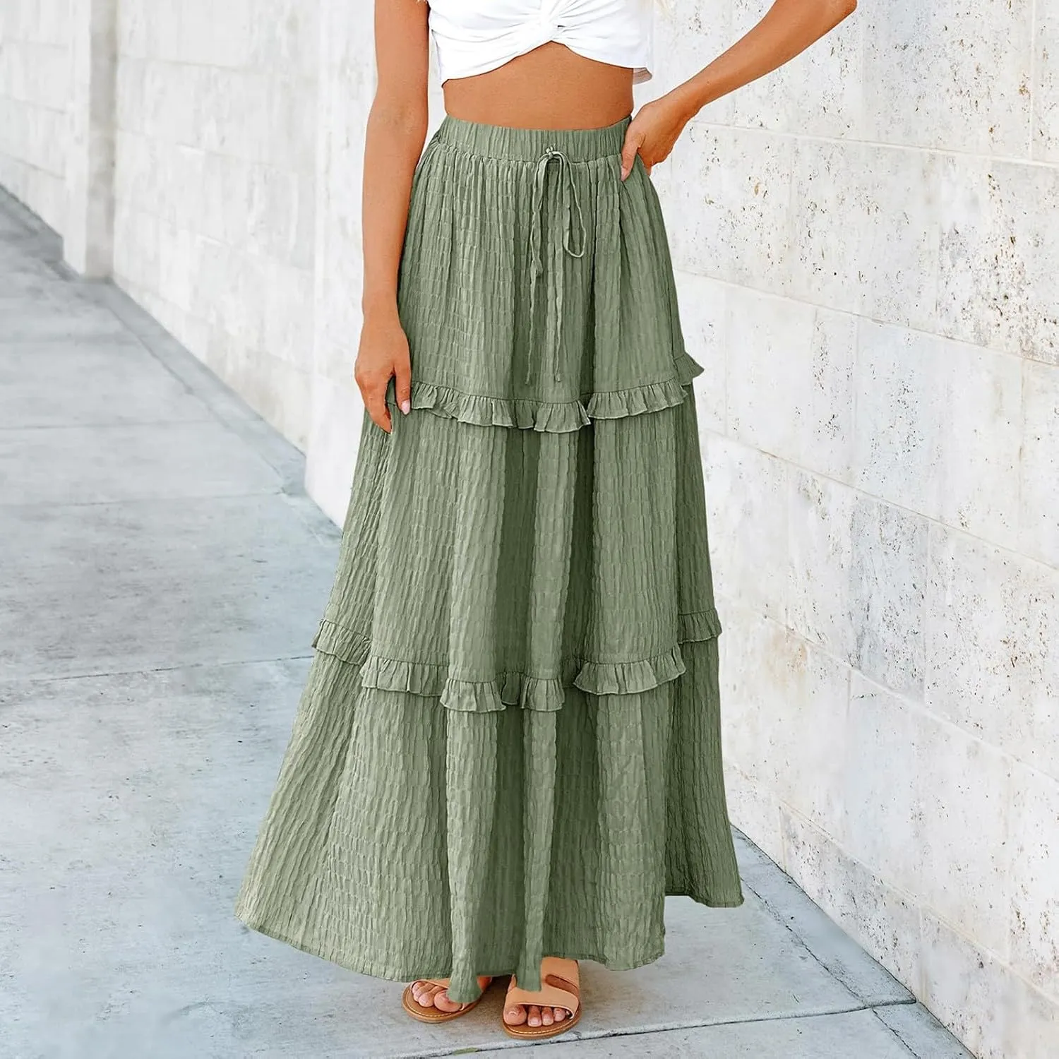 Skirts for Women Casual High Waist Drawstring Elastic Trendy Pleated A-Line Flared Loose Solid Long Skirts for Vacation
