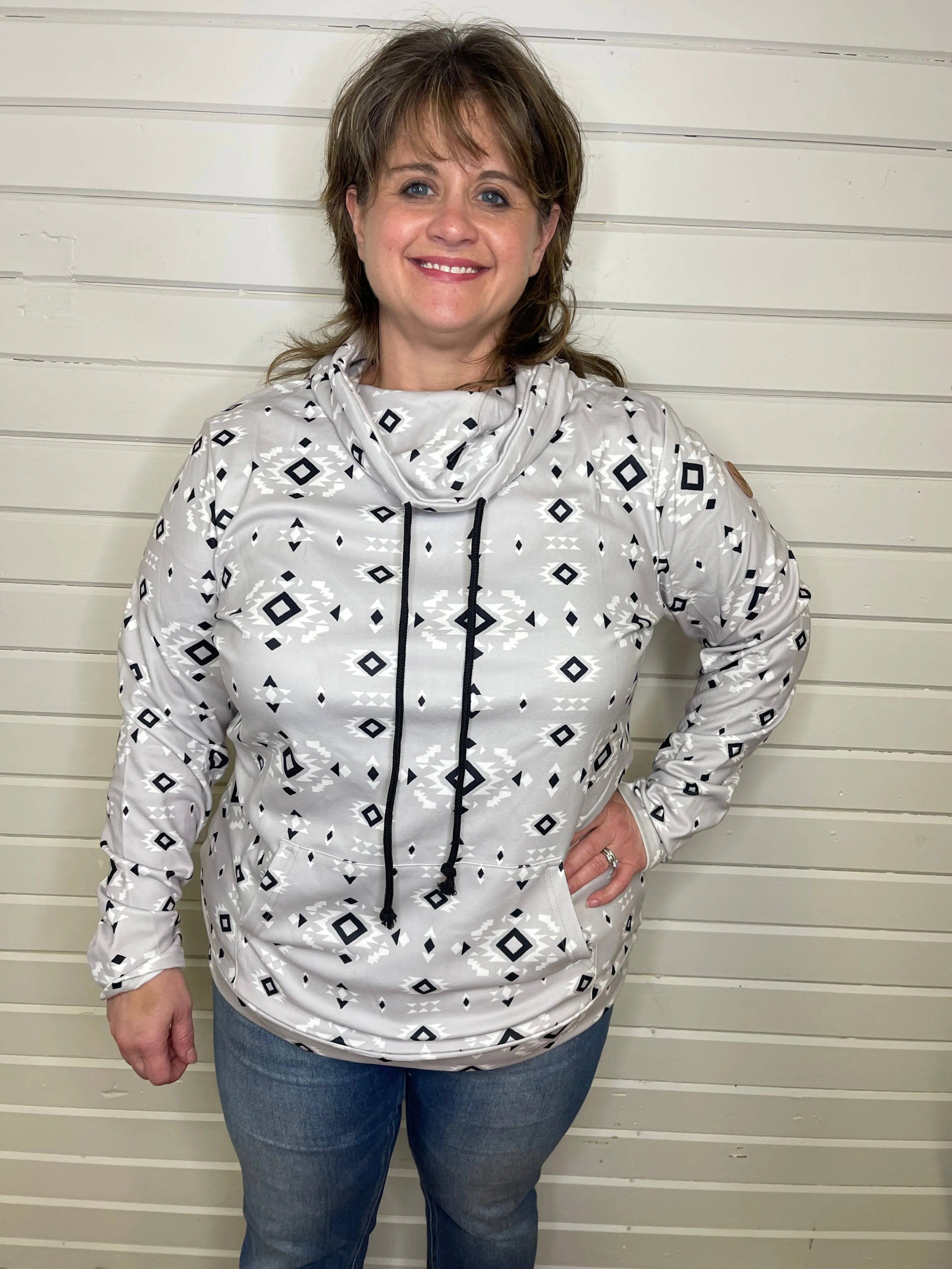 Soft Funnel Neck Sweatshirt - Grey Geometric