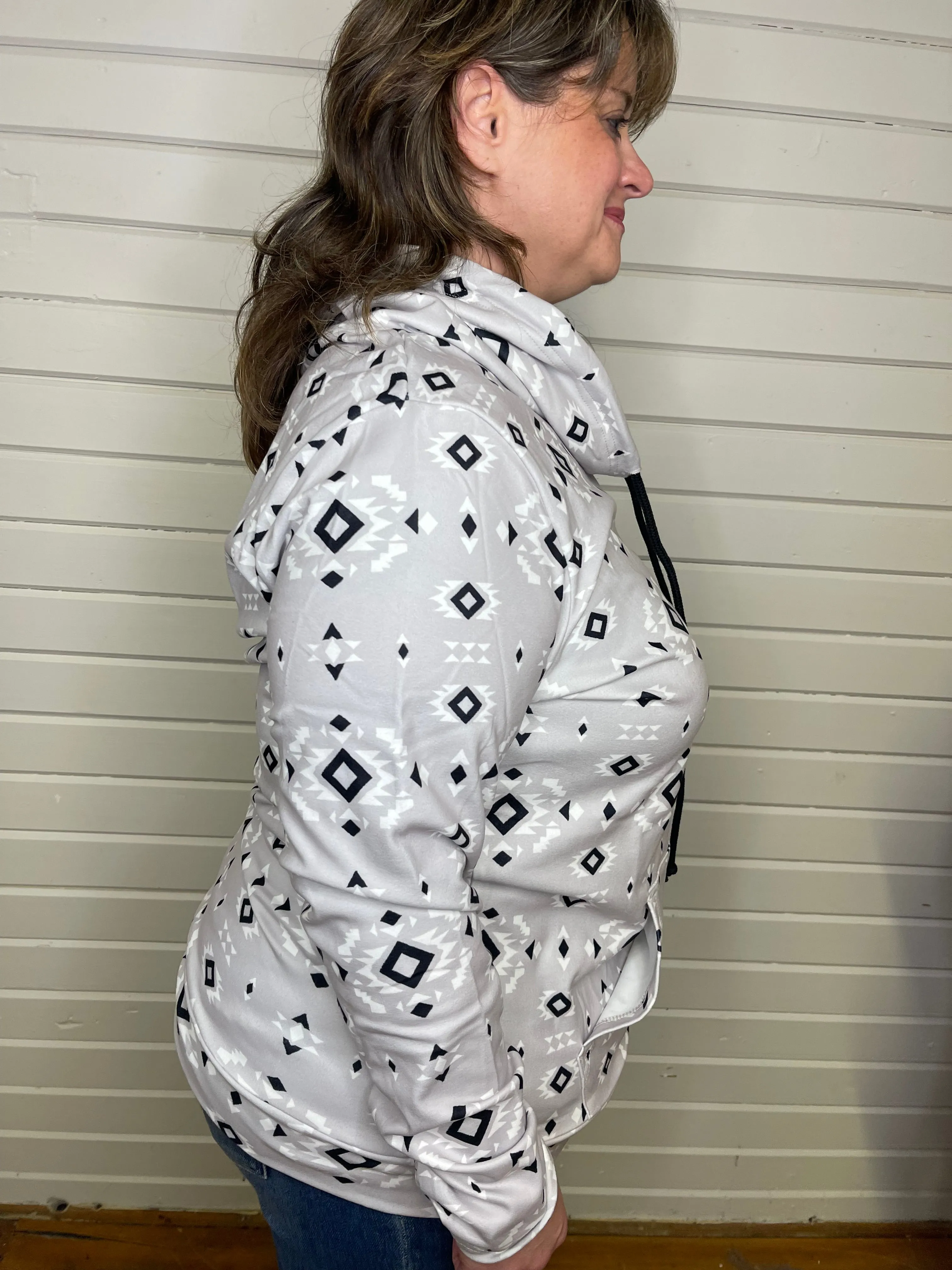 Soft Funnel Neck Sweatshirt - Grey Geometric