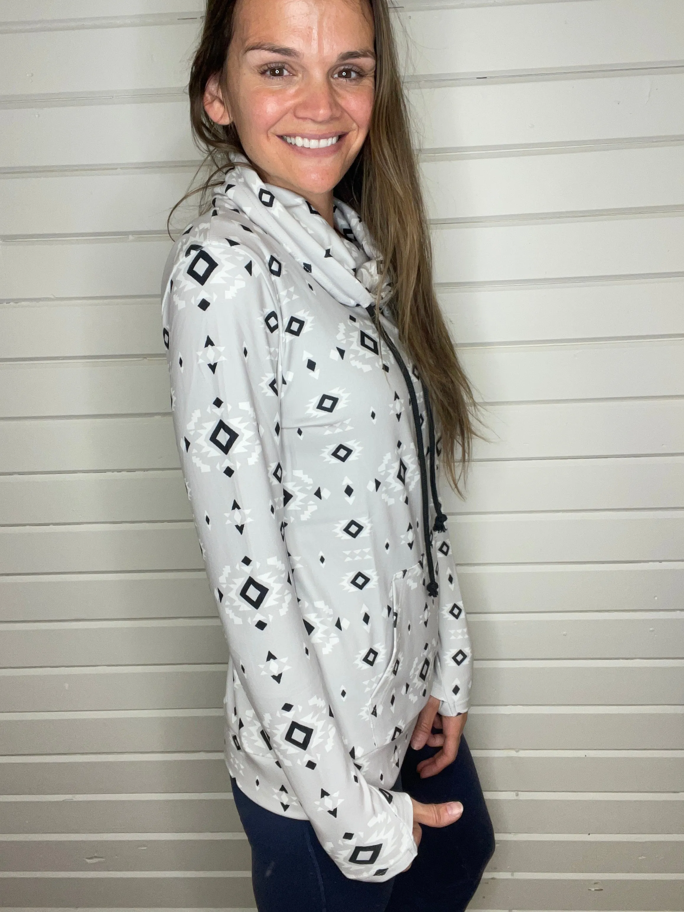 Soft Funnel Neck Sweatshirt - Grey Geometric