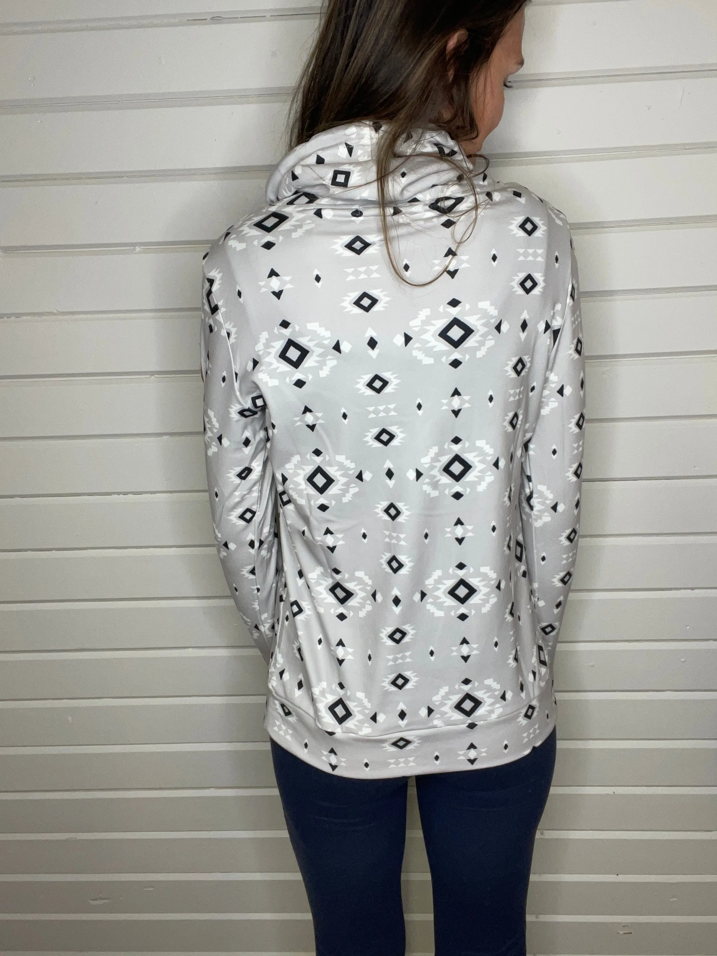 Soft Funnel Neck Sweatshirt - Grey Geometric