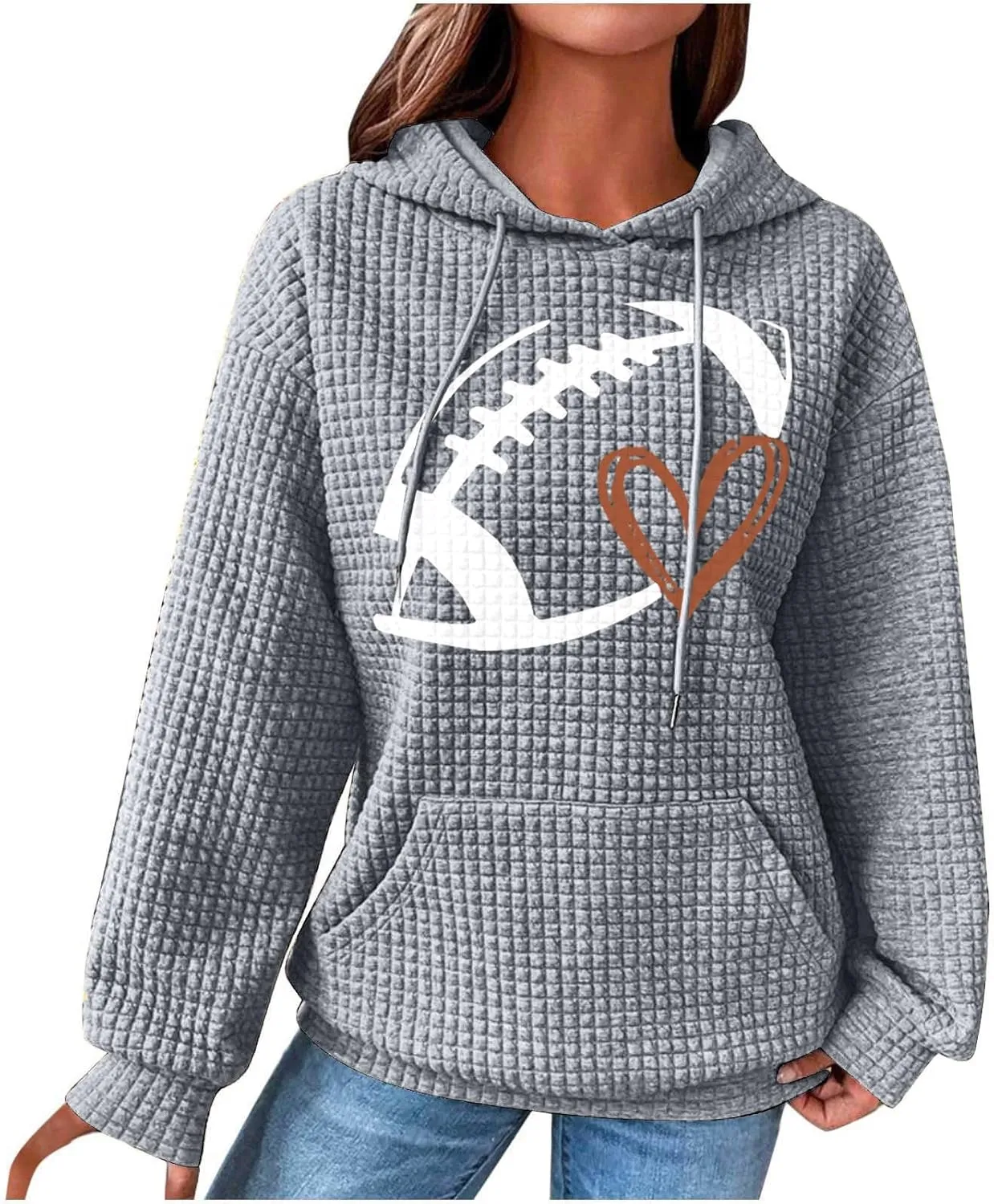 Stessotudo Womens Waffle Knit Hoodies Casual Long Sleeve Cute Football Print Sweatshirts Drawstring Trendy Pullover Tops 2023