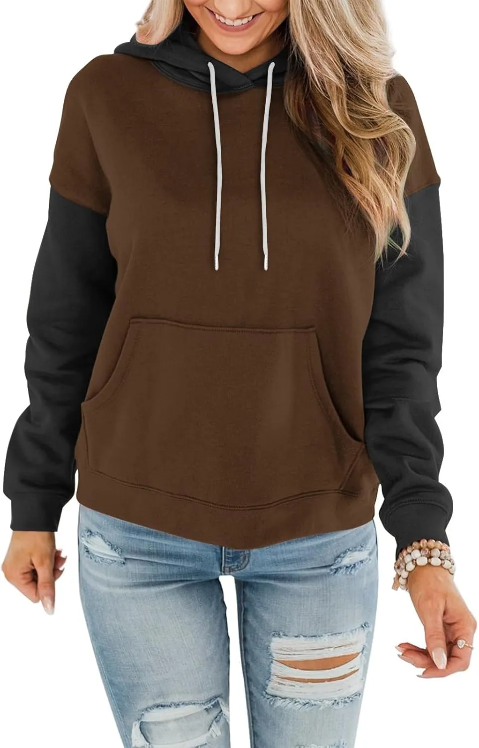Sweatshirts for Women Oversized Drawstring Color Block Hoodies Spring Trendy Long Sleeve Pullover Tops with Pocket
