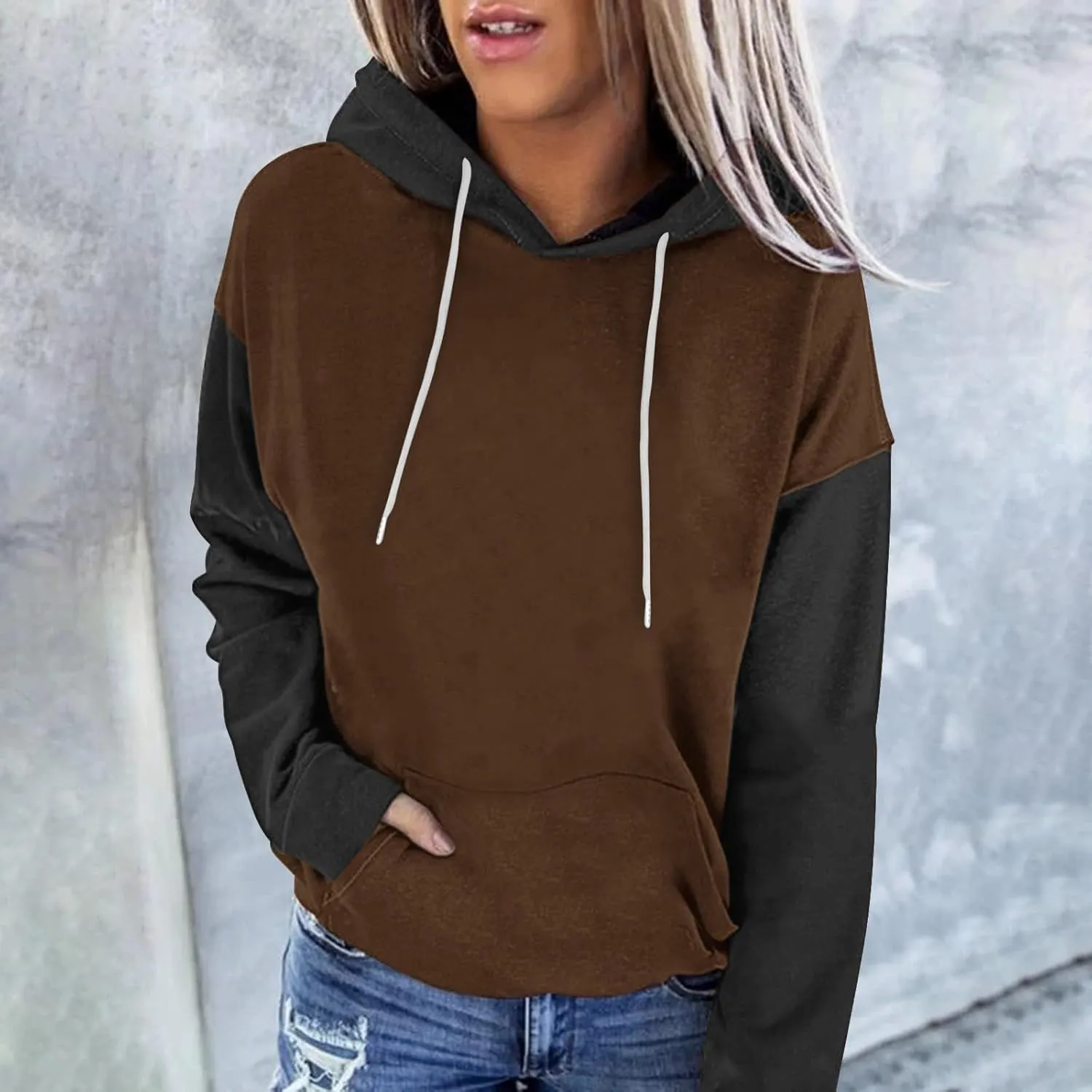 Sweatshirts for Women Oversized Drawstring Color Block Hoodies Spring Trendy Long Sleeve Pullover Tops with Pocket