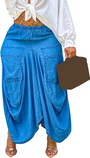 Tcremisa Women's Y2K Irregular Denim Skirt Loose Elastic High Waisted Midi Jean Skirts with Big Pockets