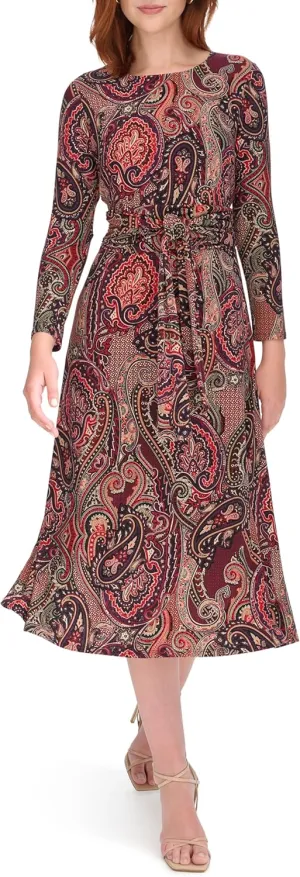 Tommy Hilfiger Long Sleeve V-Neck Jersey Dress with Pleated Skirt