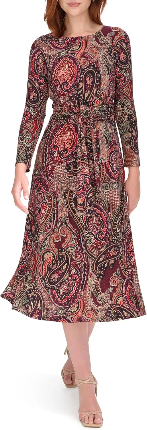 Tommy Hilfiger Long Sleeve V-Neck Jersey Dress with Pleated Skirt