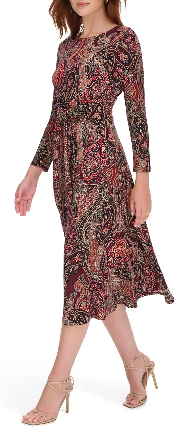 Tommy Hilfiger Long Sleeve V-Neck Jersey Dress with Pleated Skirt