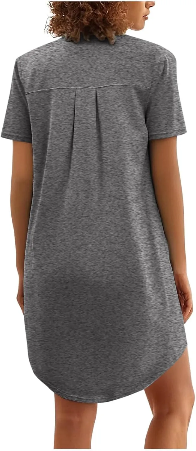Tunic Dress for Women Button Down V Neck Short Sleeve Dresses Lounge Classic Pure T-Shirts Dress Outfits