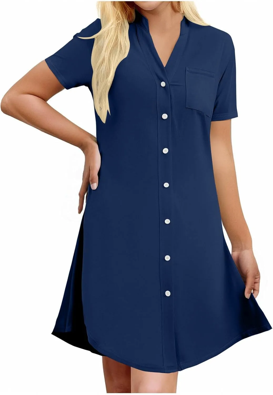 Tunic Dress for Women Button Down V Neck Short Sleeve Dresses Lounge Classic Pure T-Shirts Dress Outfits
