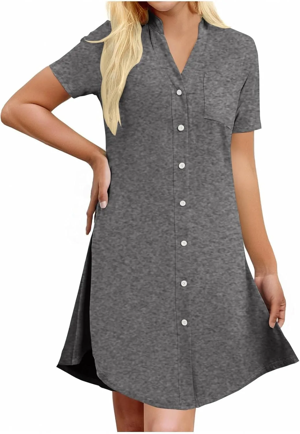 Tunic Dress for Women Button Down V Neck Short Sleeve Dresses Lounge Classic Pure T-Shirts Dress Outfits