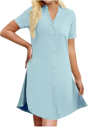 Tunic Dress for Women Button Down V Neck Short Sleeve Dresses Lounge Classic Pure T-Shirts Dress Outfits