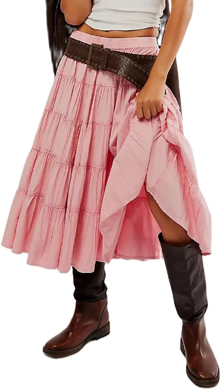 UAURORAO Women Casual Pleated Maxi Skirts High Elastic Waist Tiered Flowy Long Skirts Summer Beach Swing Midi Skirts