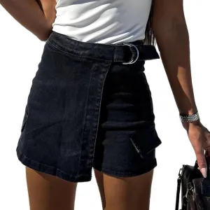 Viatabuna Denim Skort for Women High Waisted Stretchy Asymmetrical Straight Leg Jean Skirt Shorts with Pockets Summer Trendy