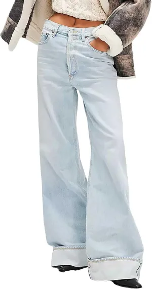 Vintage Baggy Barrel Jeans Mid Rise Wide Leg Boyfriend Jeans for Women Loose Fit Cuffed Cropped Denim Pants Trousers