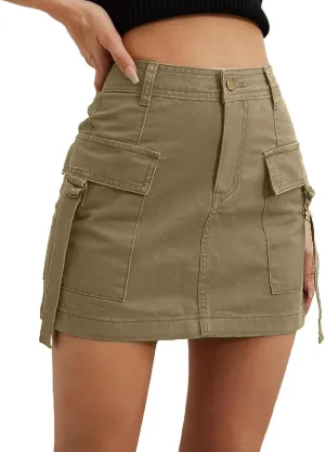 Vintage Cargo Denim Mini Skirt for Women, Button Low Waist Jean Bodycon Flap Pockets Skirt, Trendy Short Skorts