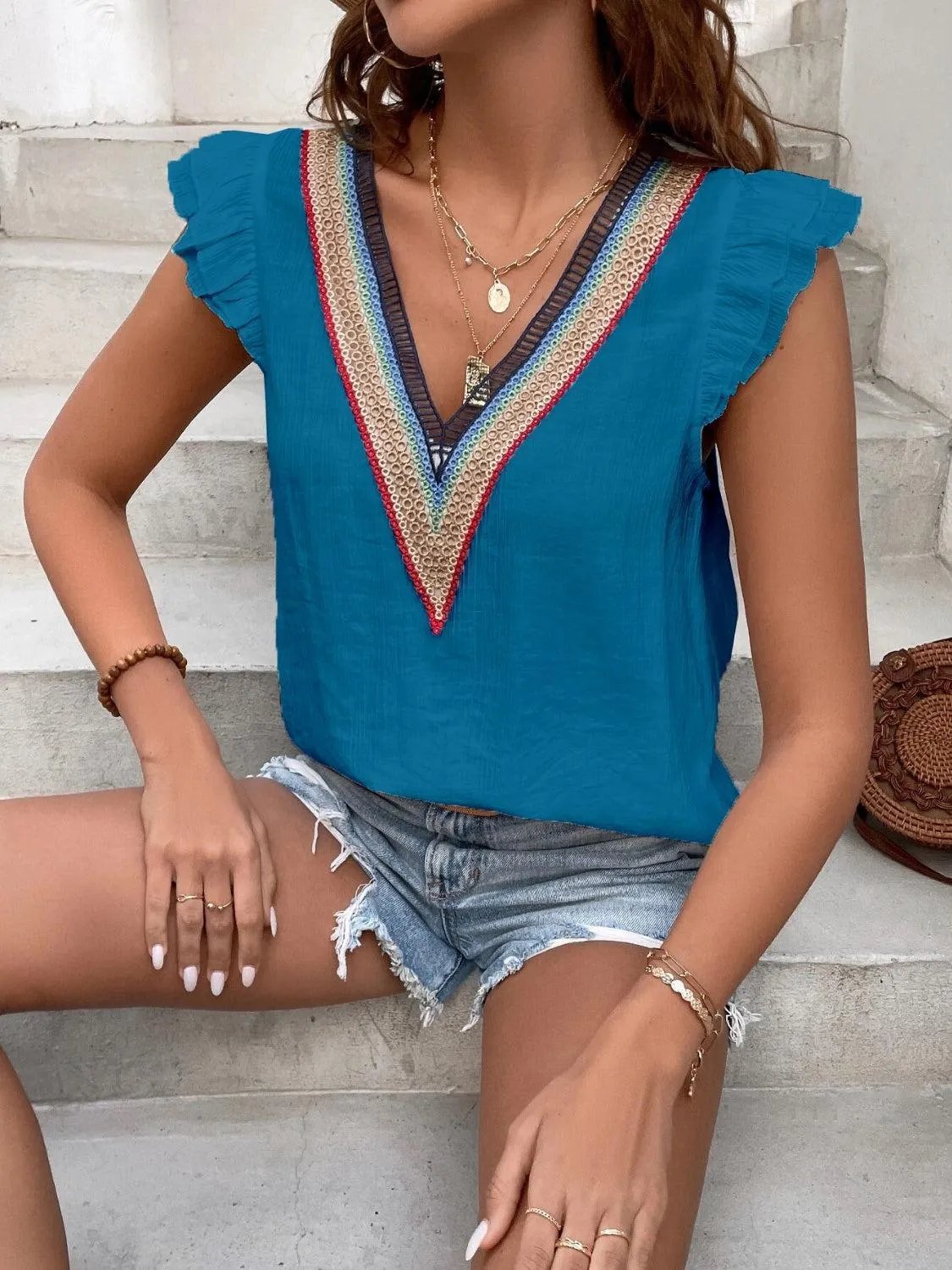 Warm Season Chic Ruffled Cap Sleeve V Neck Blouse