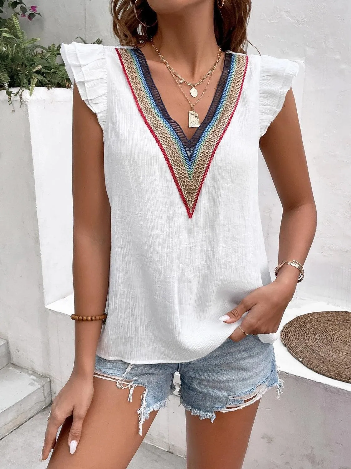 Warm Season Chic Ruffled Cap Sleeve V Neck Blouse